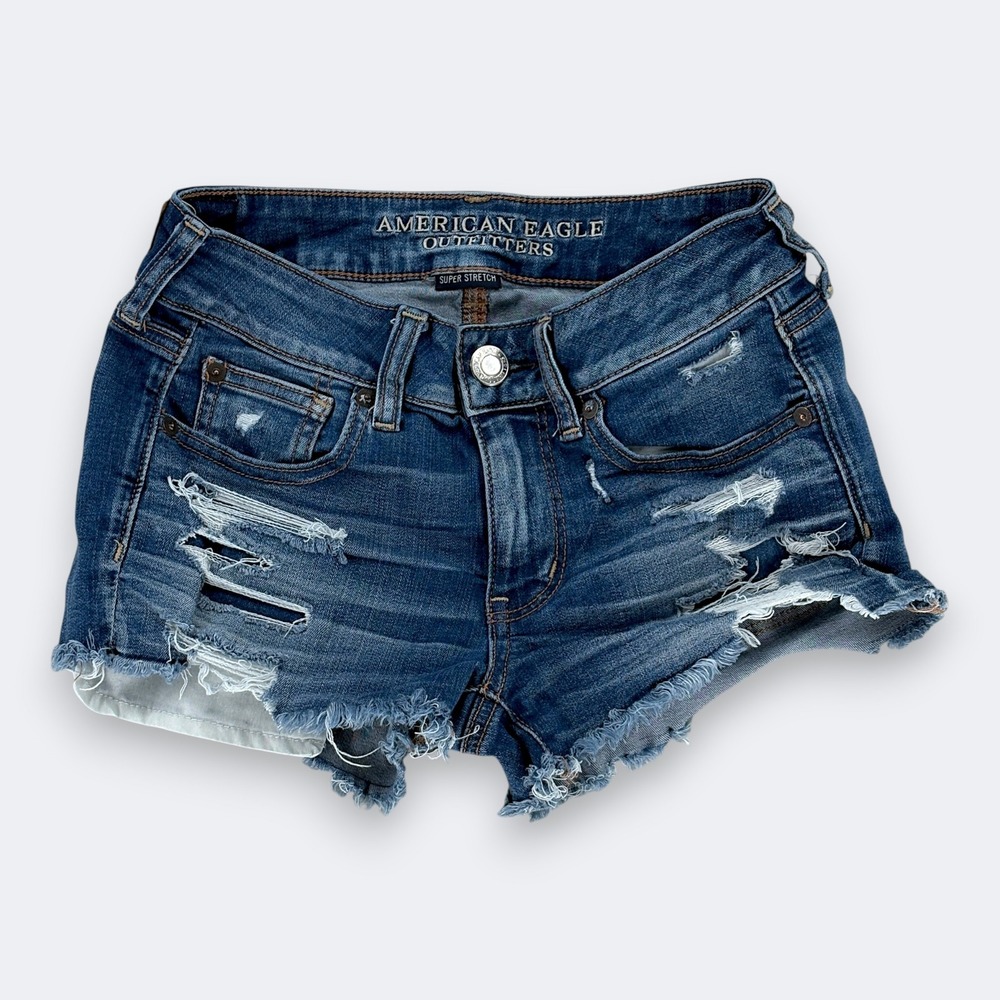 American Eagle Womens Distressed Stretch Shortie Shorts 2 Blue Denim CutOff